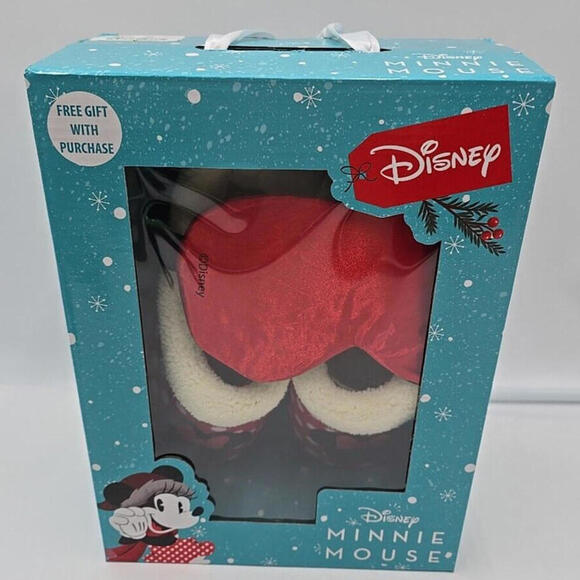 Disney Women's 9 Slippers Sleep Mask‎ Holiday Minnie Mouse Gift Set 2 Piece Set - Picture 1 of 12